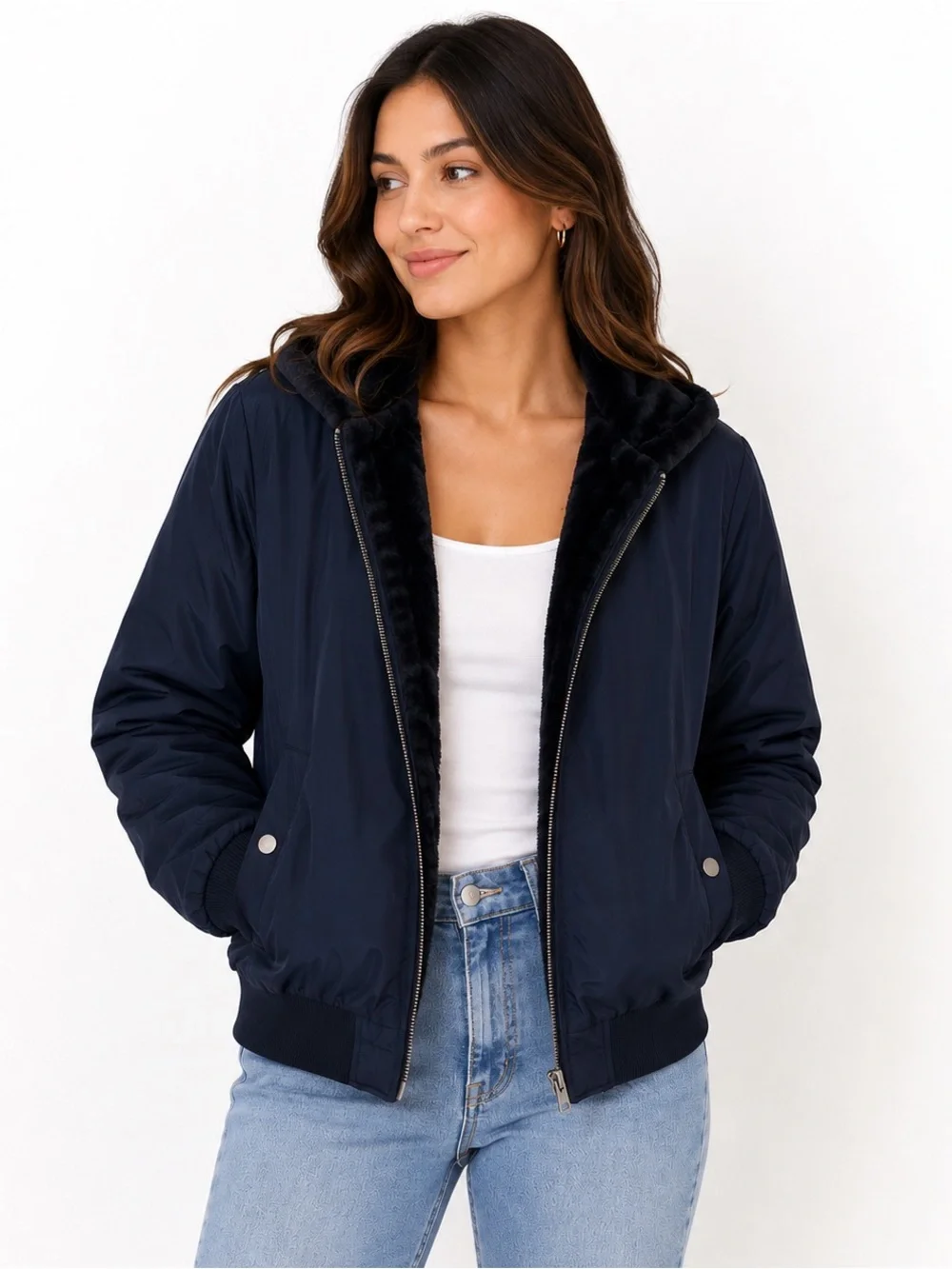 Faux Fur Lined Hooded Bomber Jacket | Navy Women’s L